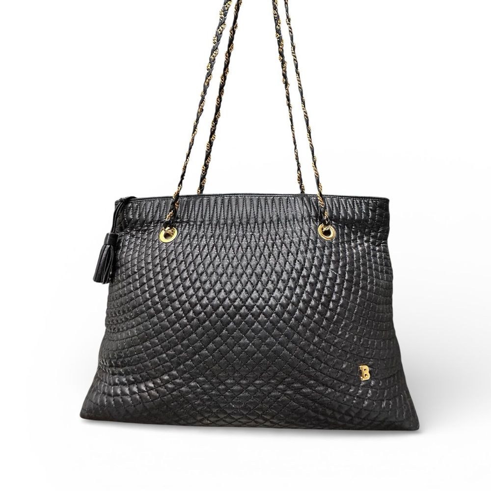Vintage Bally Quilted Lambskin Chain Shoulder Bag in an ultra-dark navy blue